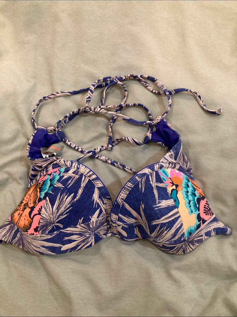 Maaji Blue Floral-Print Bikini Top size L